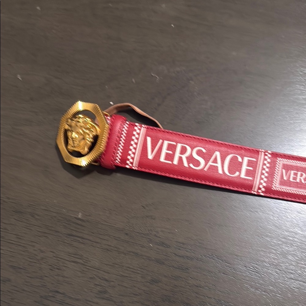 Versace Red Belt with Gold Medusa Buckle